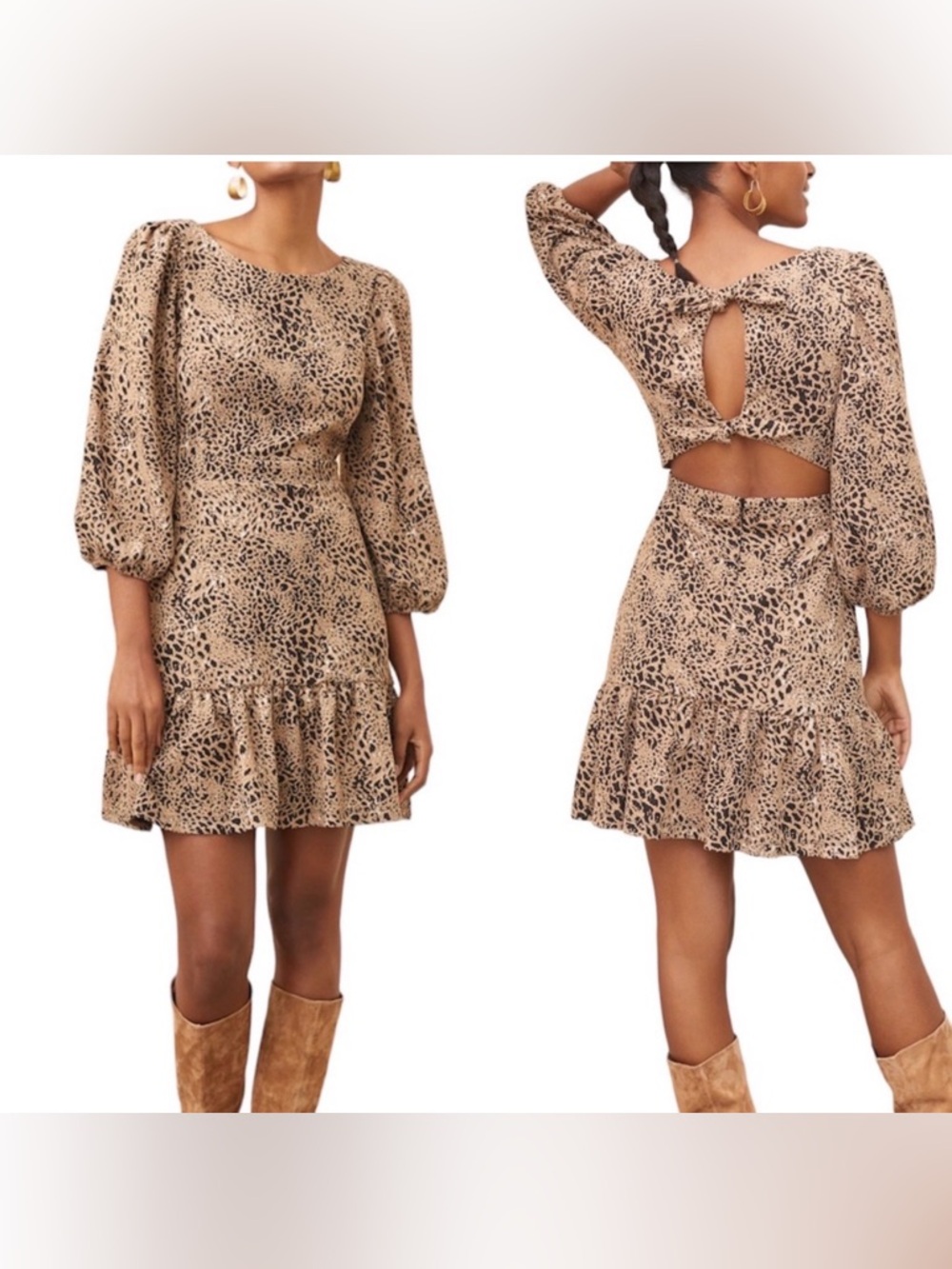 Anthropologie Leopard-Print Puff-Sleeve Mini Dress - Tan/Black